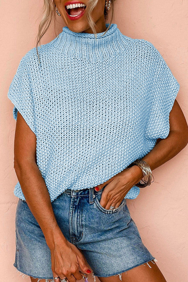 Pull femme manches courtes, col montant — bleu