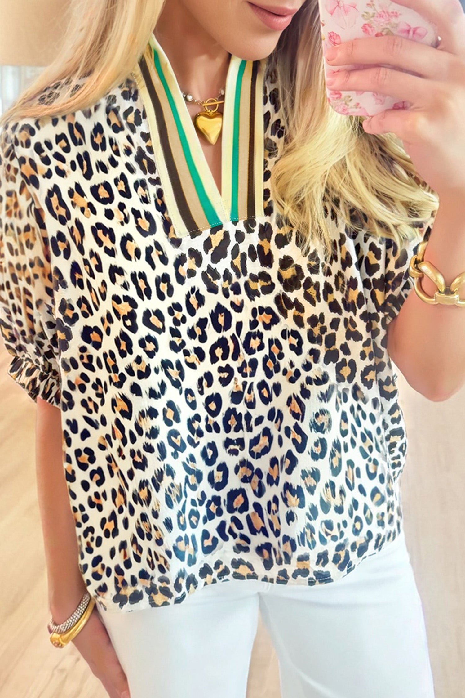 Blouse femme léopard, rayé, manches 3/4, col V, ample, colorblock — kaki