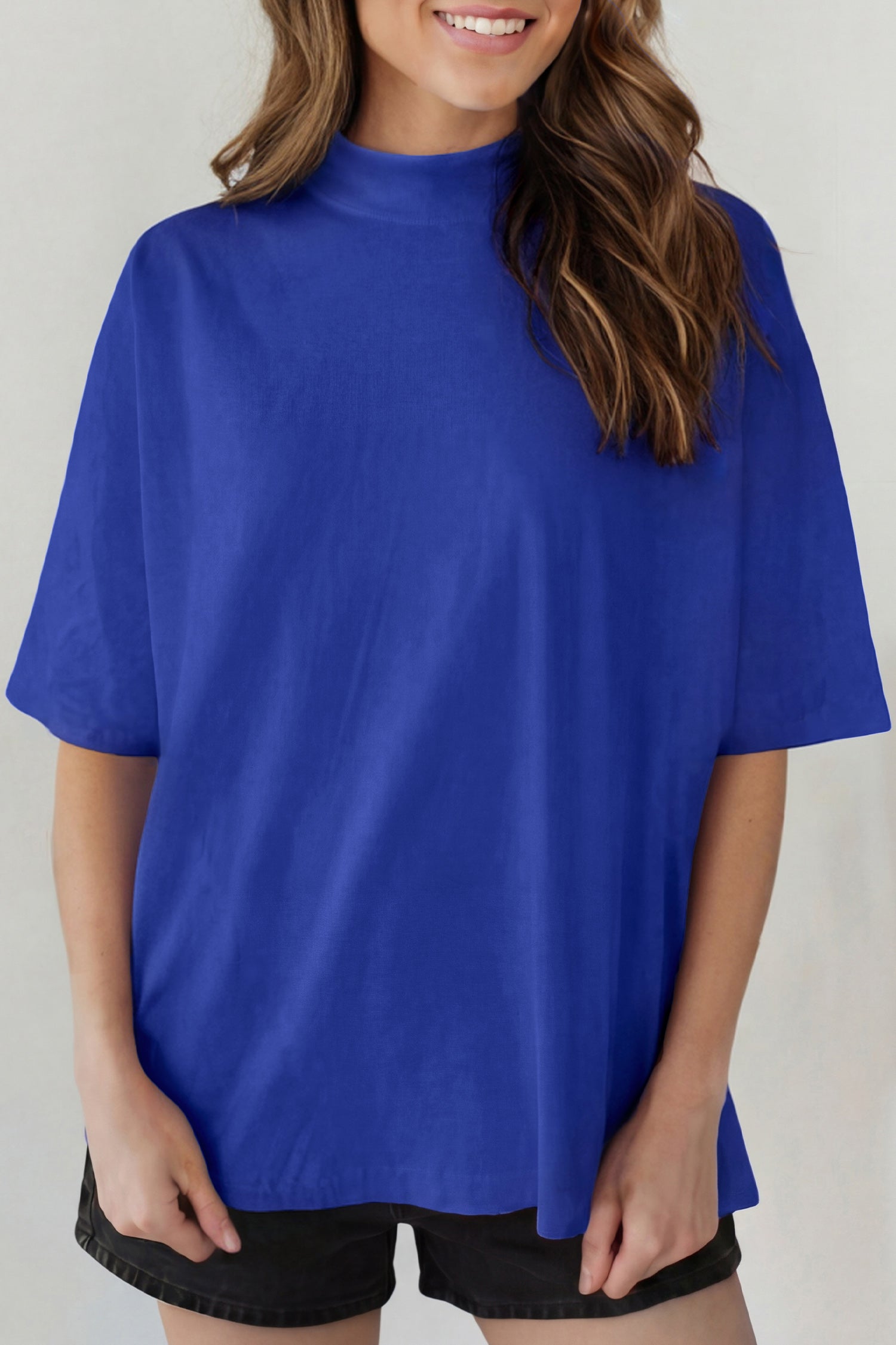 T-shirt femme col montant, uni — bleu foncé