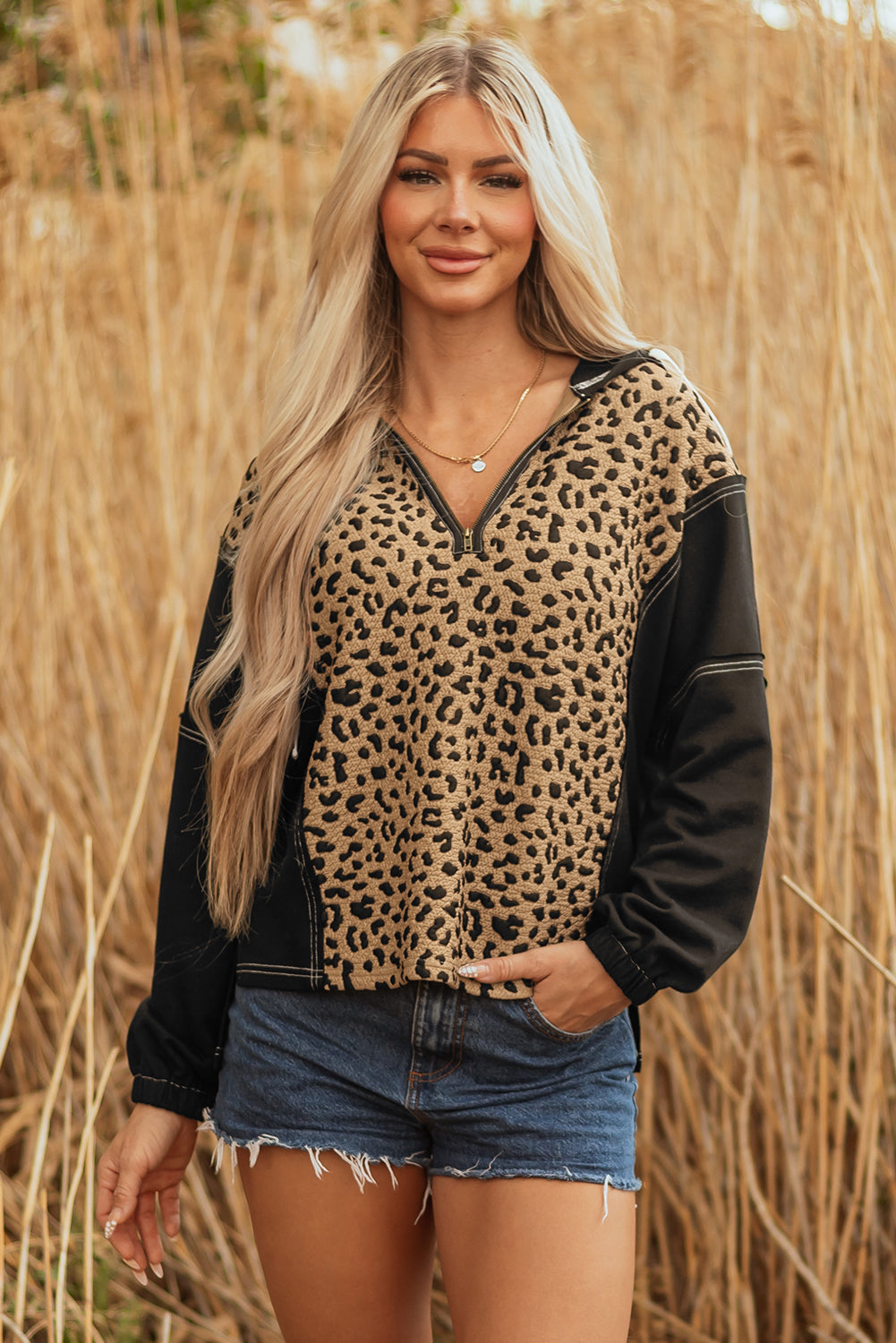 Brown Leopard Patchwork Contrast Stitching Knotted Cuff Quarter Zip Hoodie femme