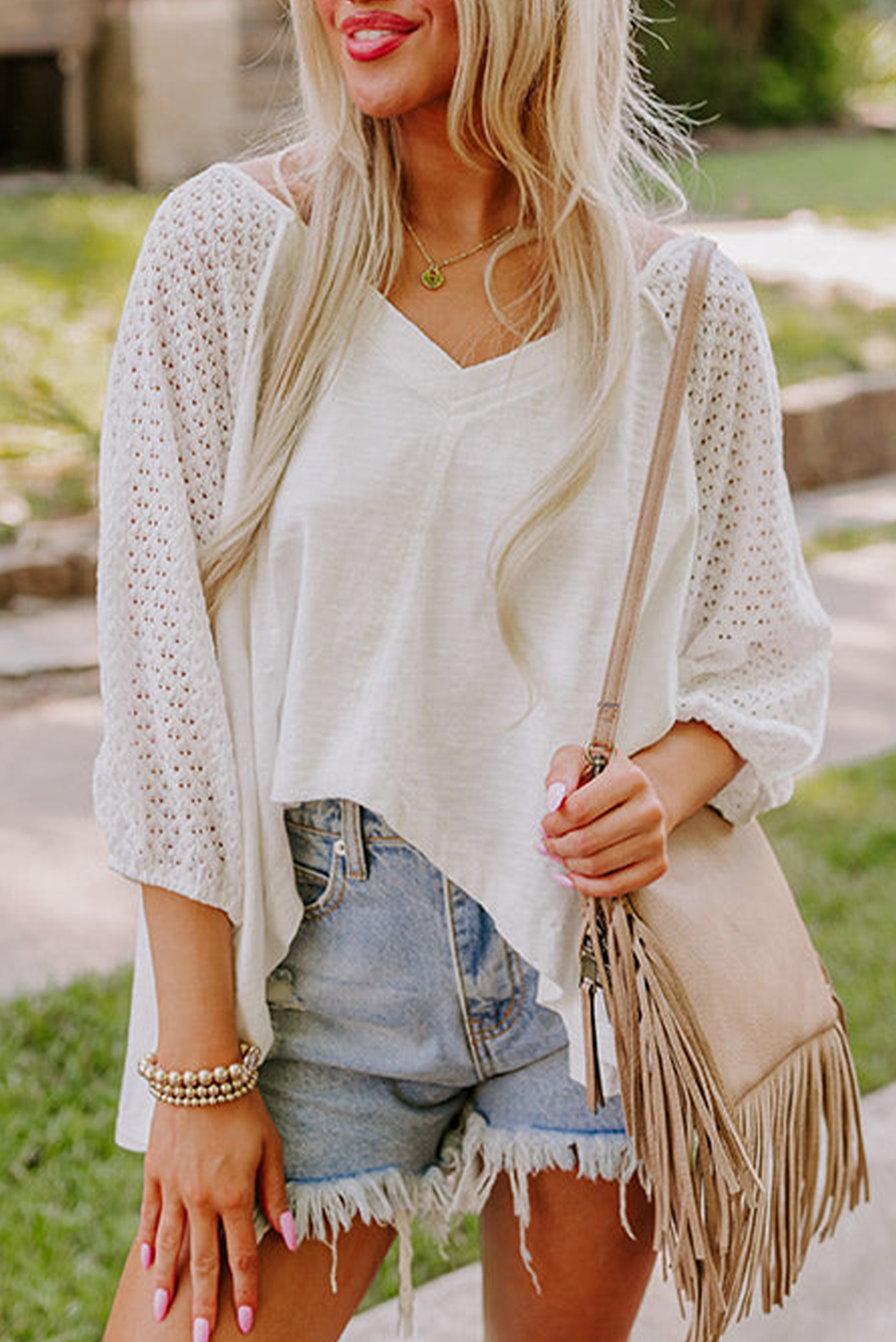 Haut femme patchwork, col V, oversized — blanc