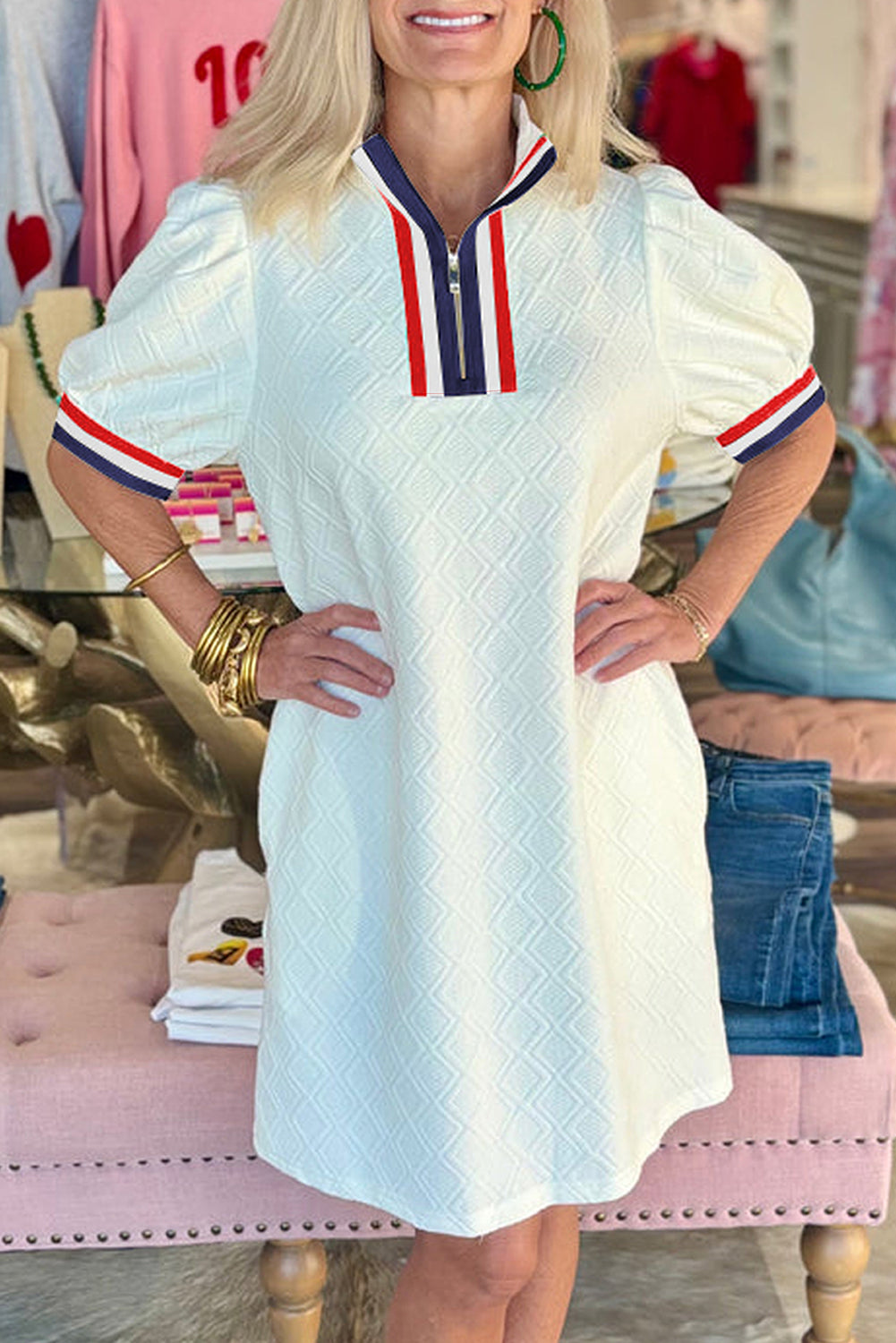 Robe courte femme zip, manches bouffantes, colorblock — blanc