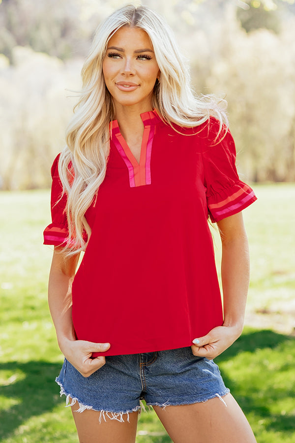 Blouse femme rayé, à volants, manches courtes — rouge feu