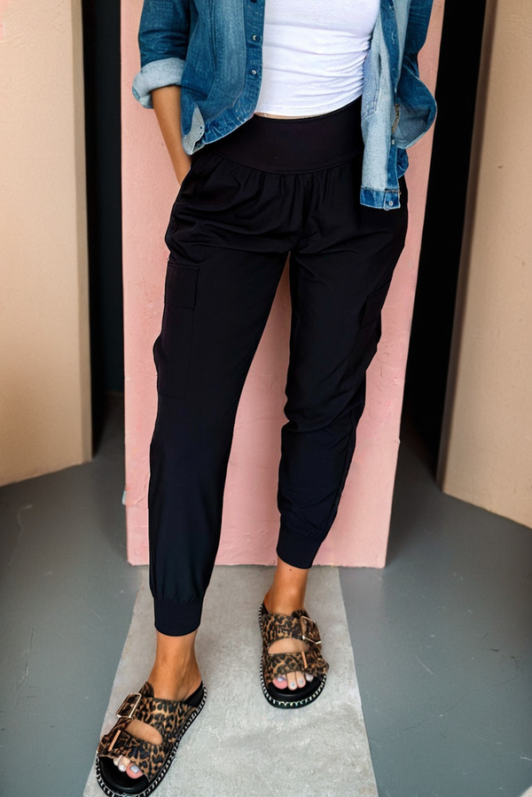 Pantalon femme poches, taille haute — noir