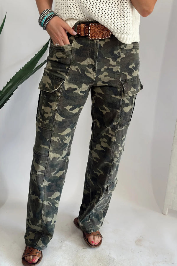 Pantalon femme camouflage, poches, denim — vert