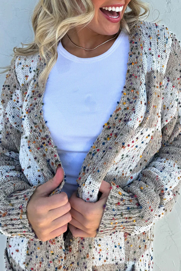 Cardigan femme à carreaux, poches — marron
