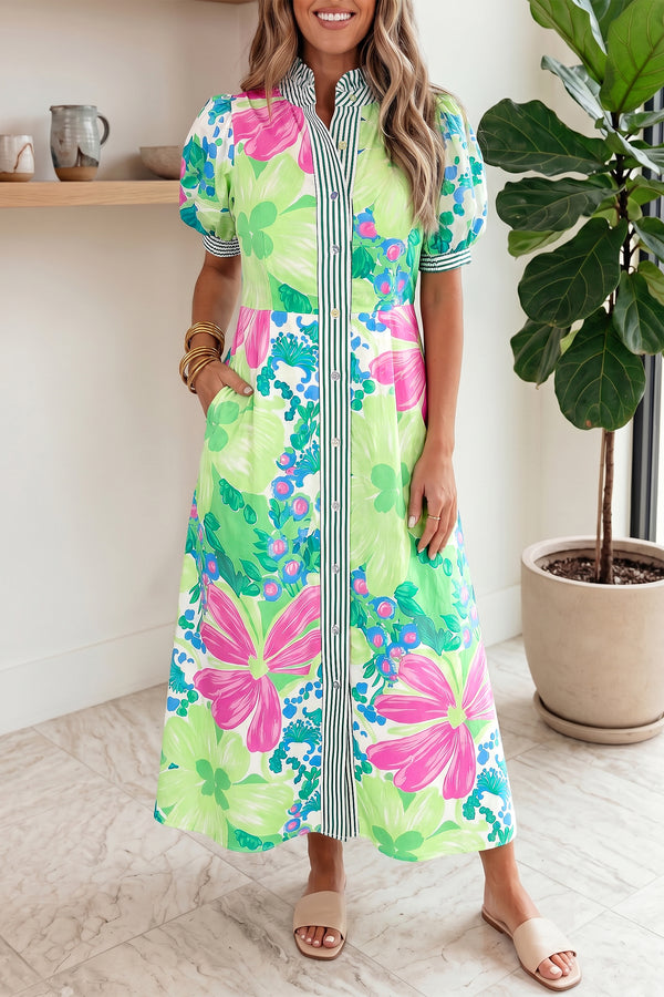 Robe femme floral, rayé, boutonnée, manches courtes — vert