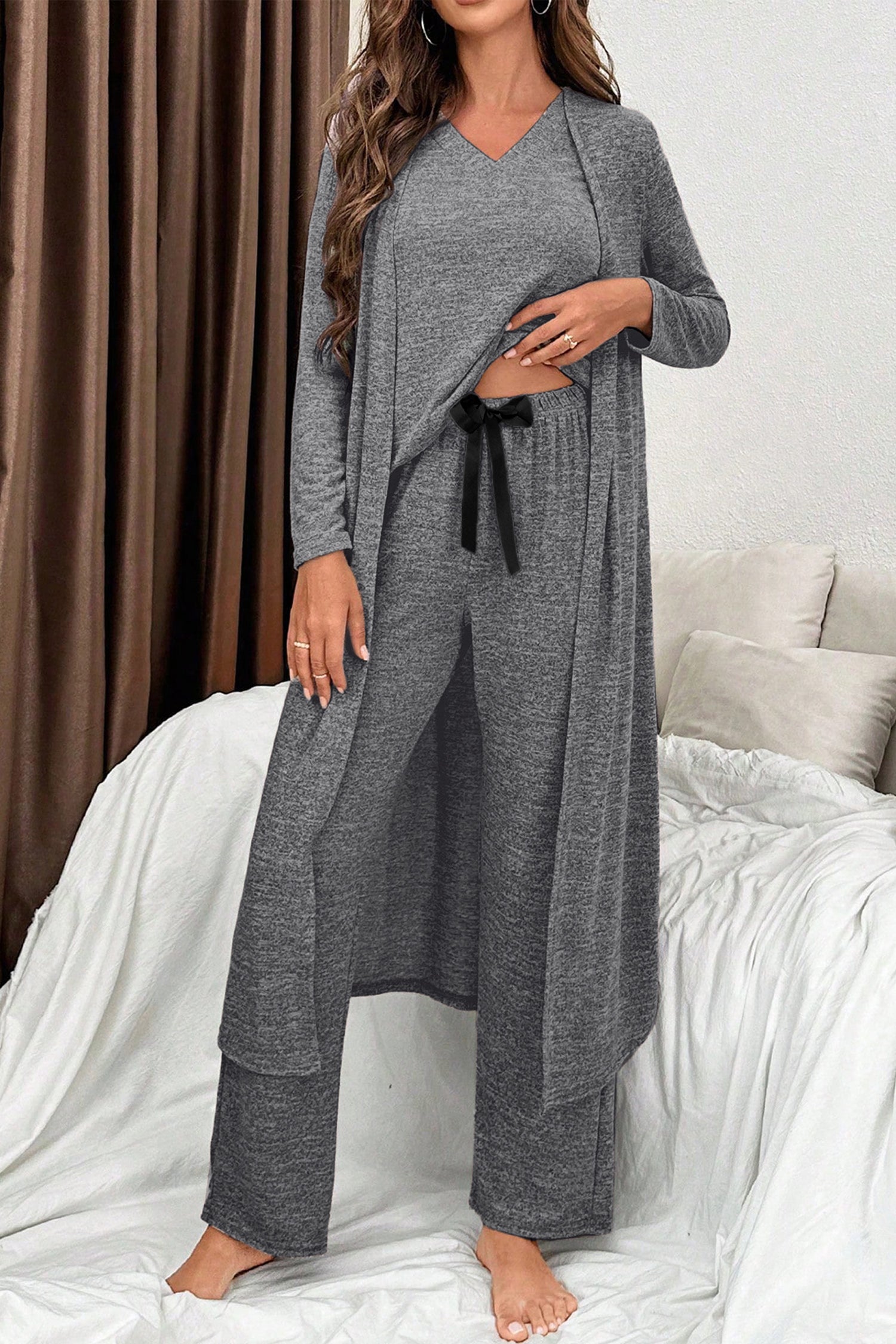Pantalon femme col V — gris foncé