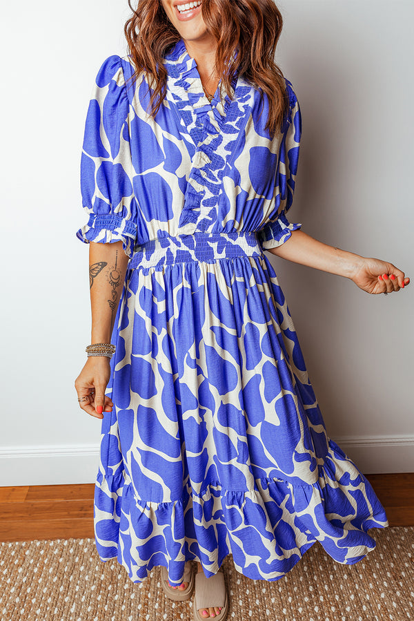Robe longue femme smocké, manches 3/4, maxi — bleu ciel