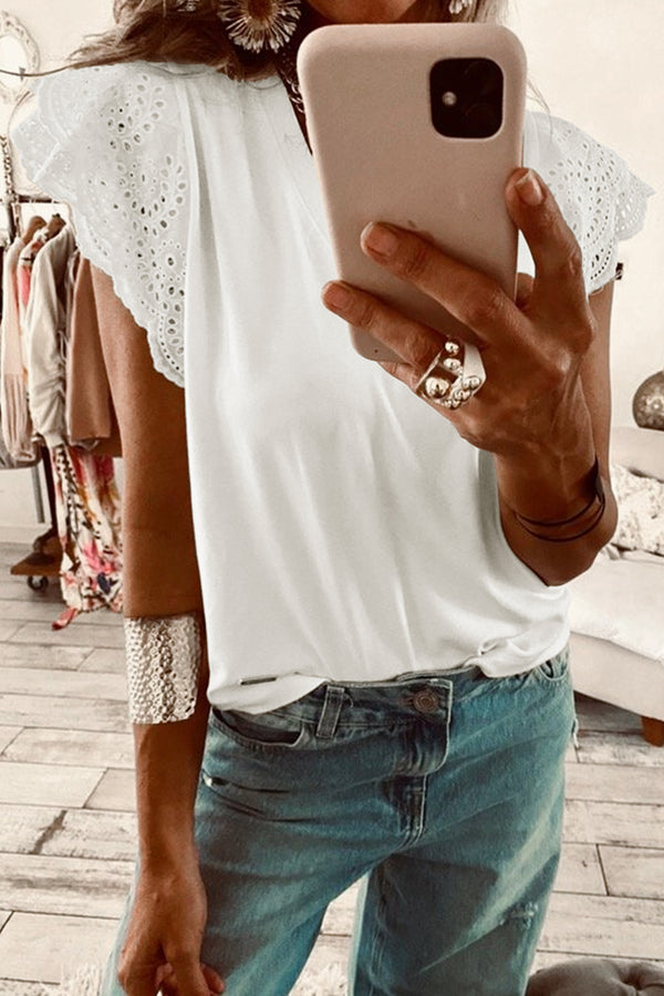 T-shirt femme brodé, patchwork, col V — blanc