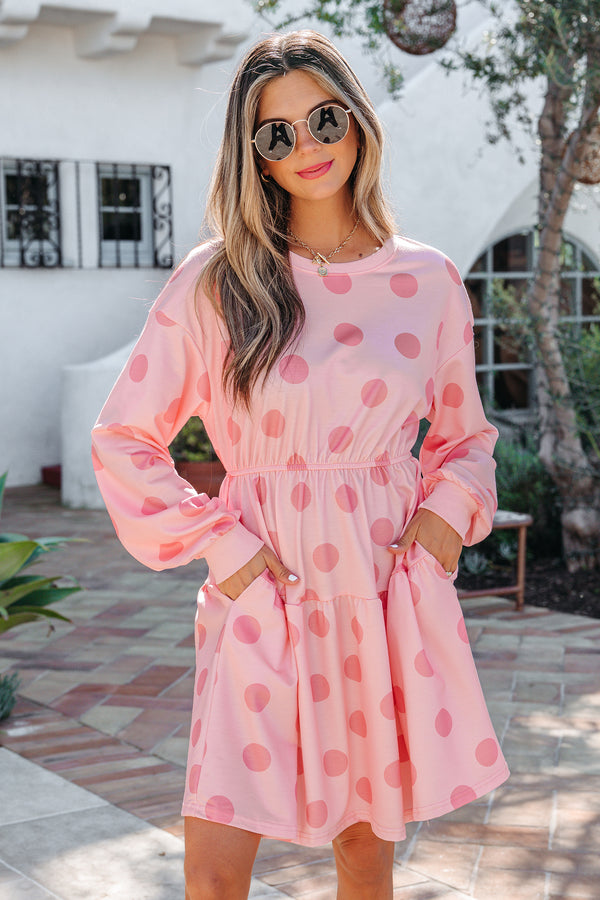 Robe courte femme pois, manches longues — rose