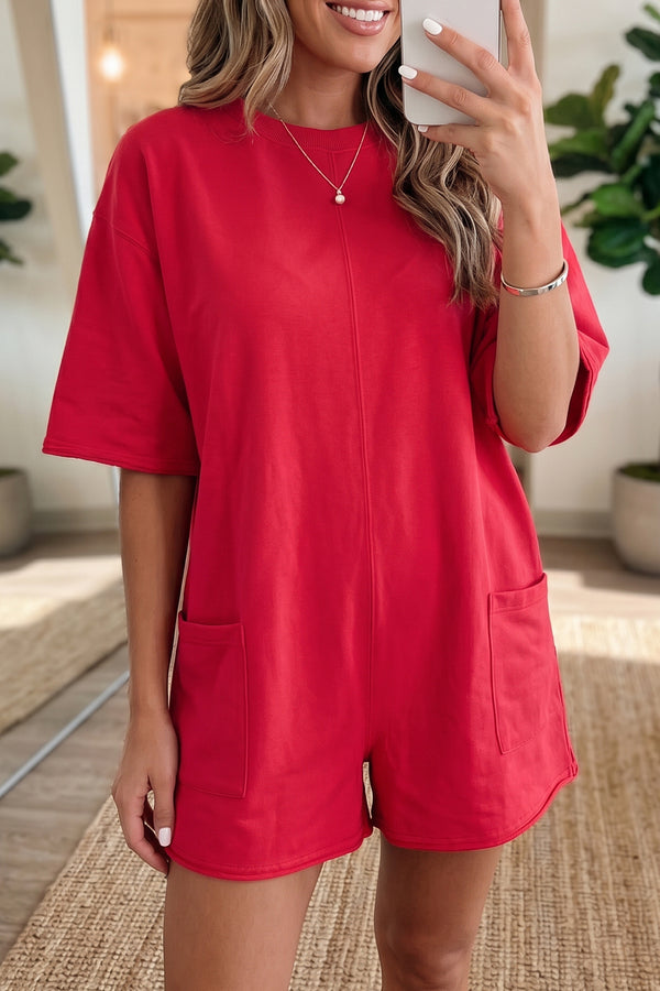 Combinaison femme poches, manches 3/4, ample, uni — rouge feu