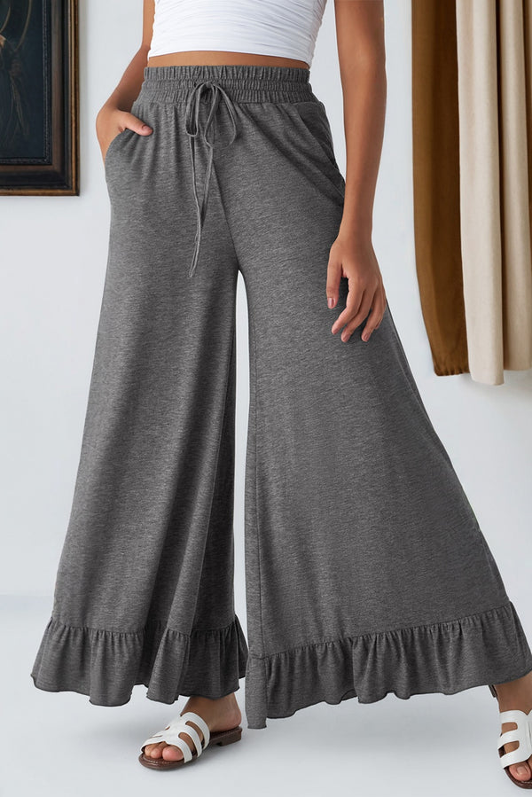 Pantalon femme à volants, poches, taille haute, jambe large — gris