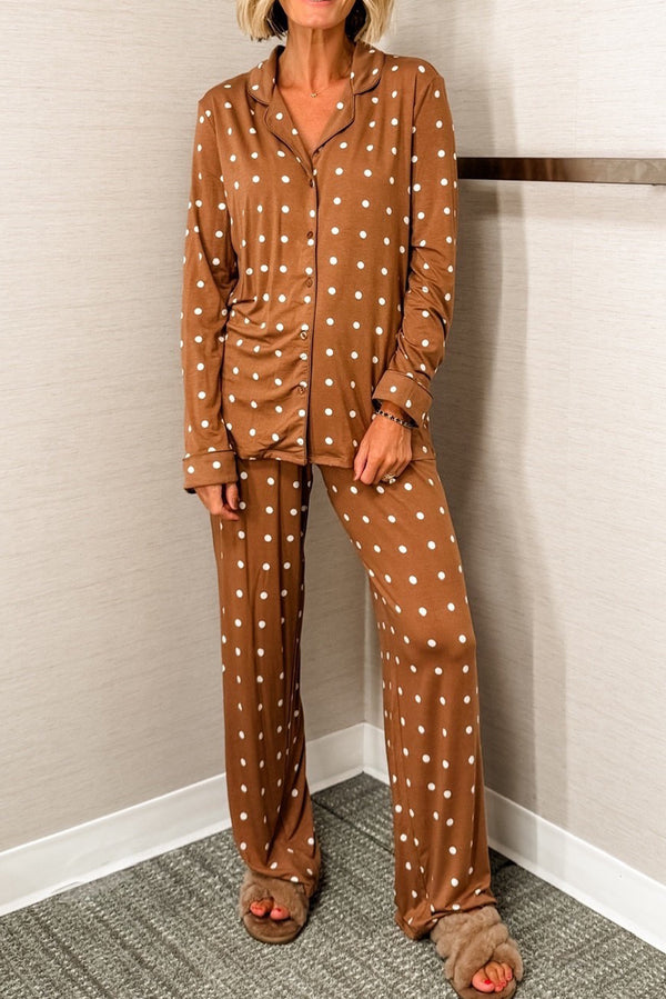 Ensemble femme pois, manches longues — marron