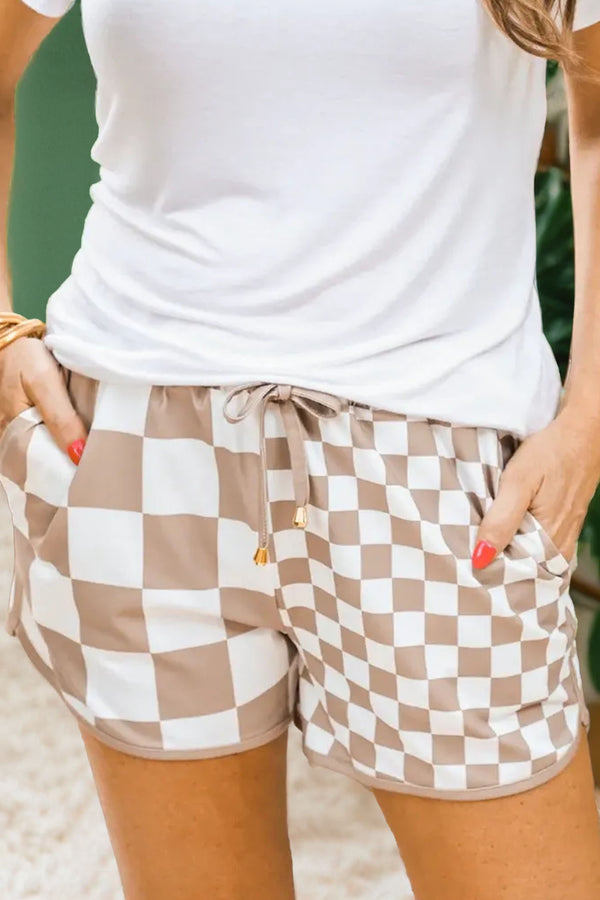 Short femme à carreaux, à cordon, casual — kaki