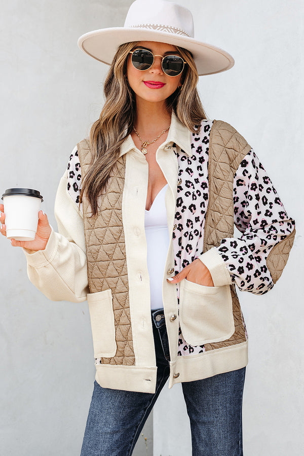 Veste femme léopard, patchwork, gaufré, boutonnée — kaki