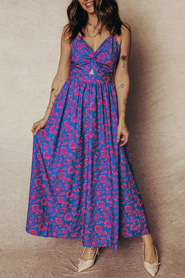 Robe longue femme floral, col V, maxi — bleu