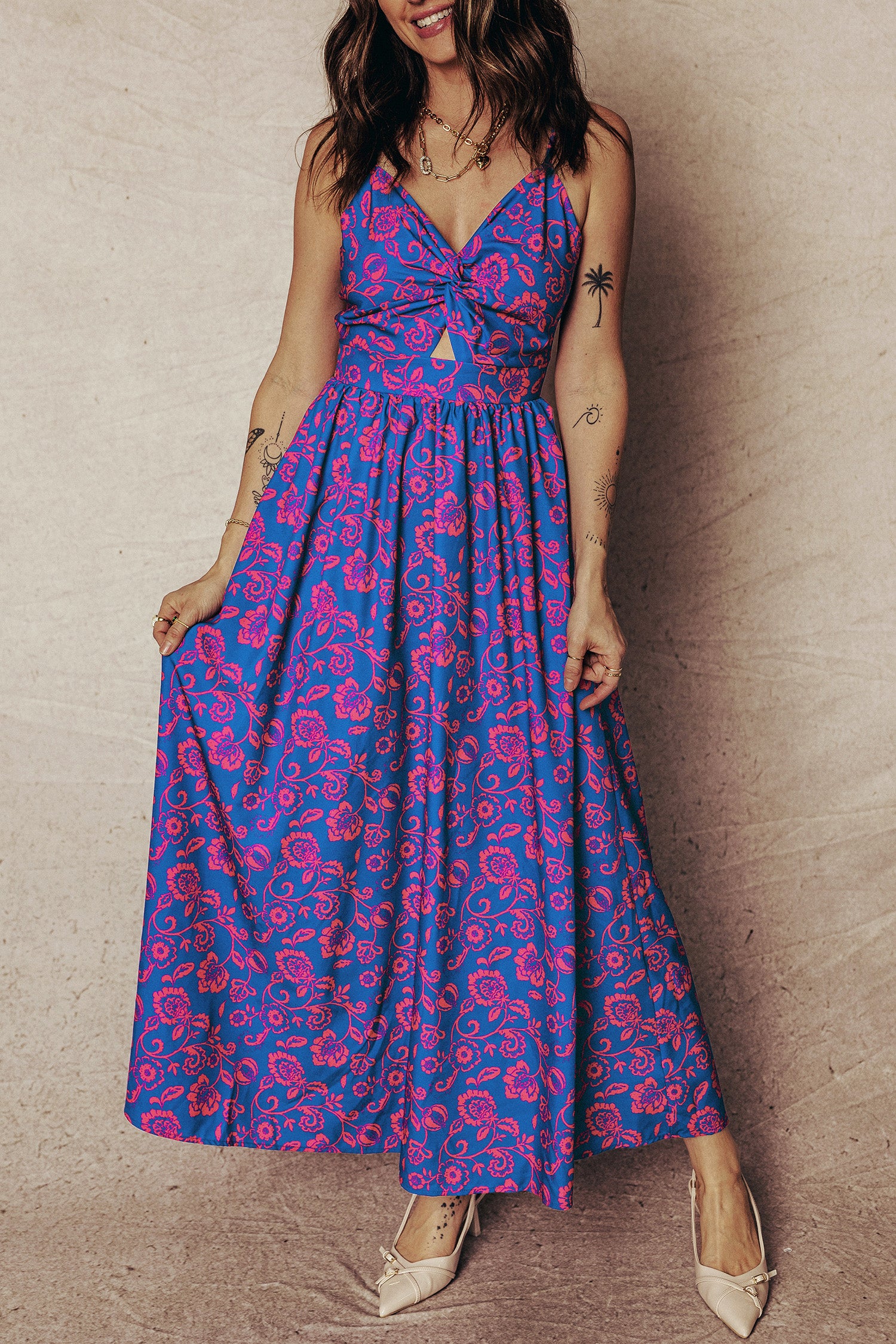 Robe longue femme floral, col V, maxi — bleu