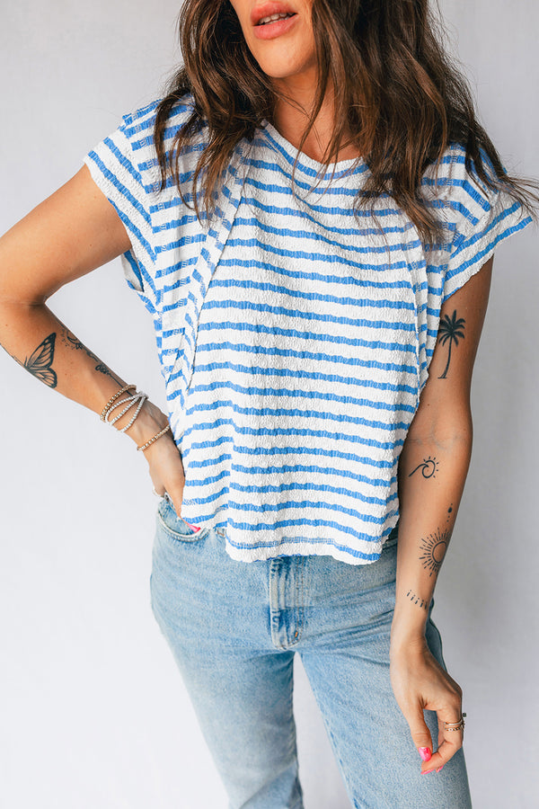 T-shirt femme rayé, patchwork, manches courtes — bleu