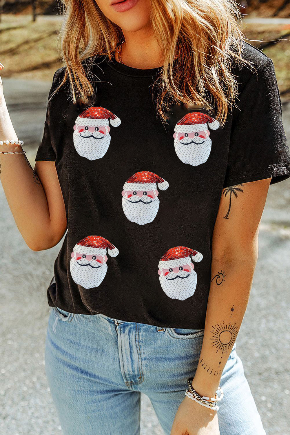 T-shirt femme paillettes, Noël, col rond — noir