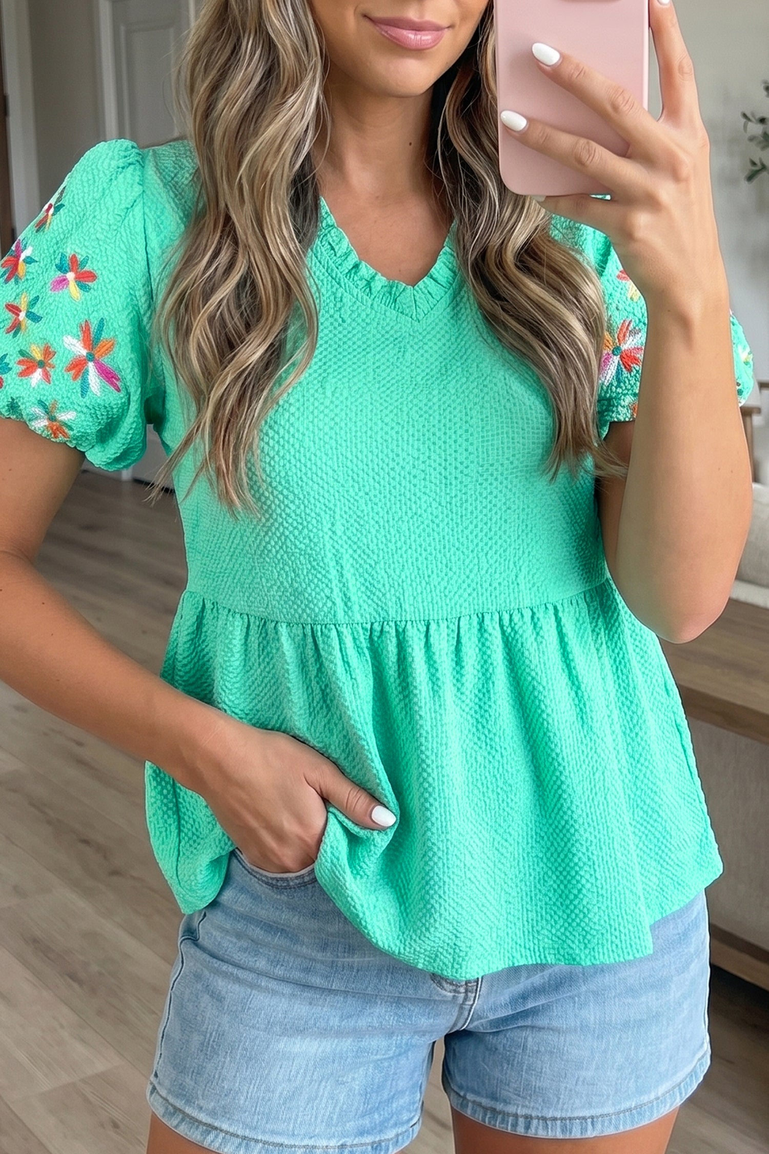 Blouse femme brodé, manches bouffantes, col V — vert