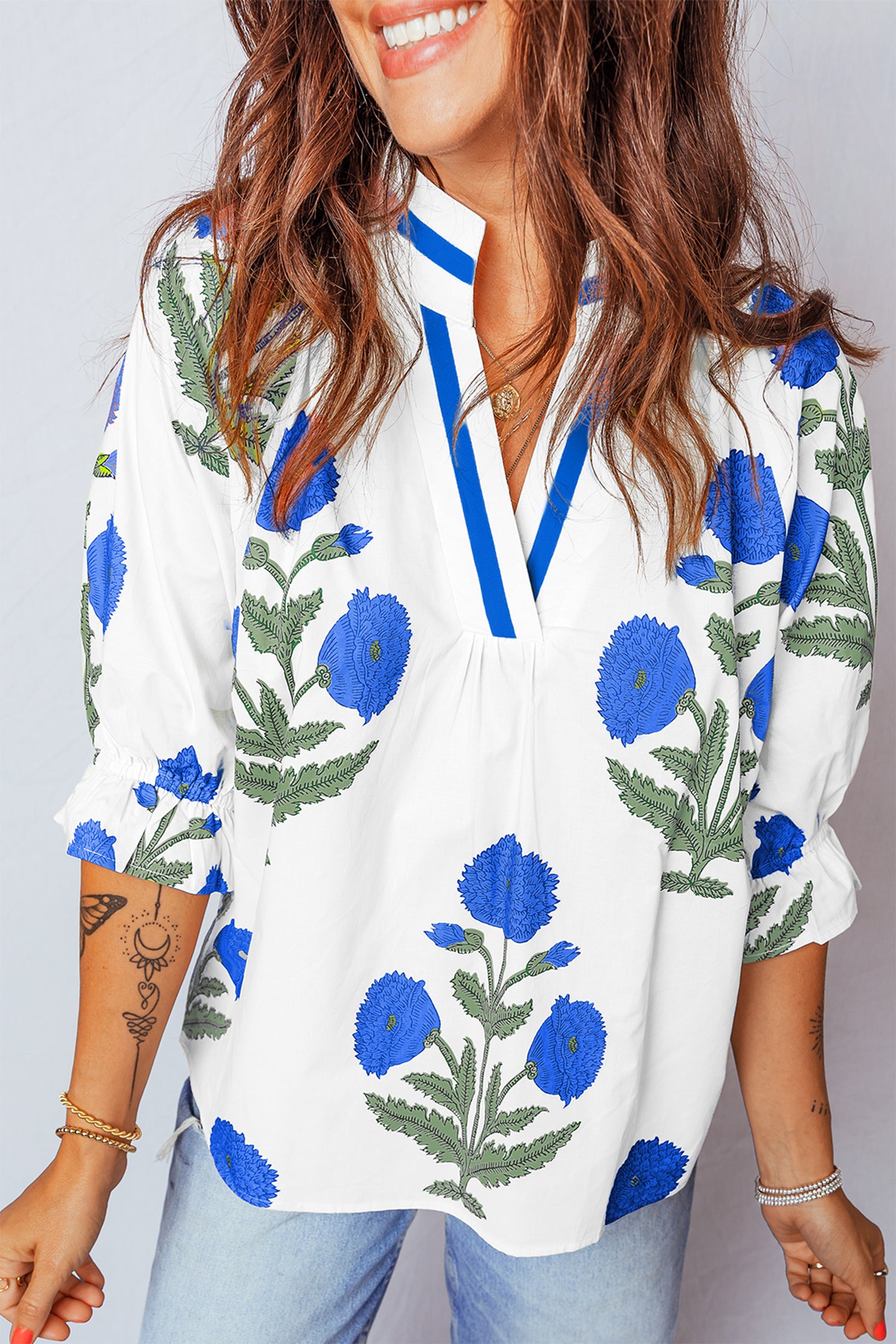 Blouse femme col V, casual — bleu ciel