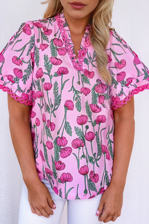 Blouse femme floral, col V — rose