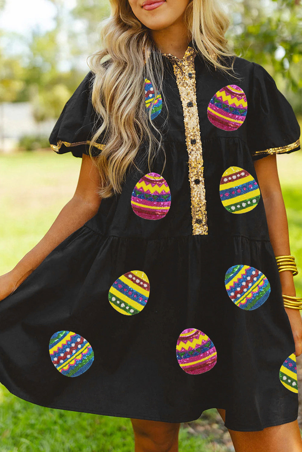 Robe femme paillettes, boutonnée, demi-boutonnage, manches bouffantes — noir