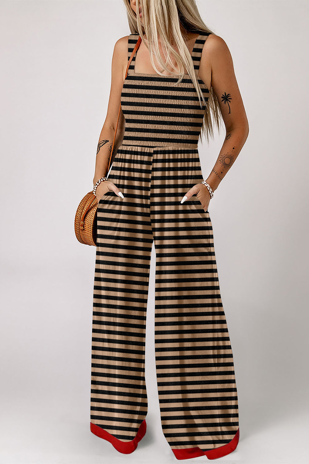 Combinaison femme rayé, smocké, jambe large — marron