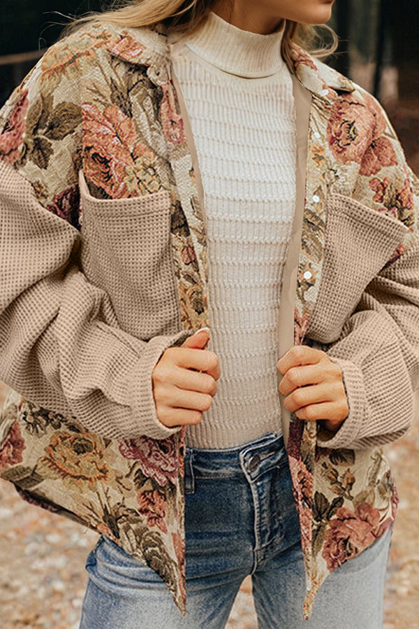 Veste femme floral, patchwork, gaufré, en maille, boutonnée, poches — kaki · LC8513522-P1620 · LC8513522-P1620-L