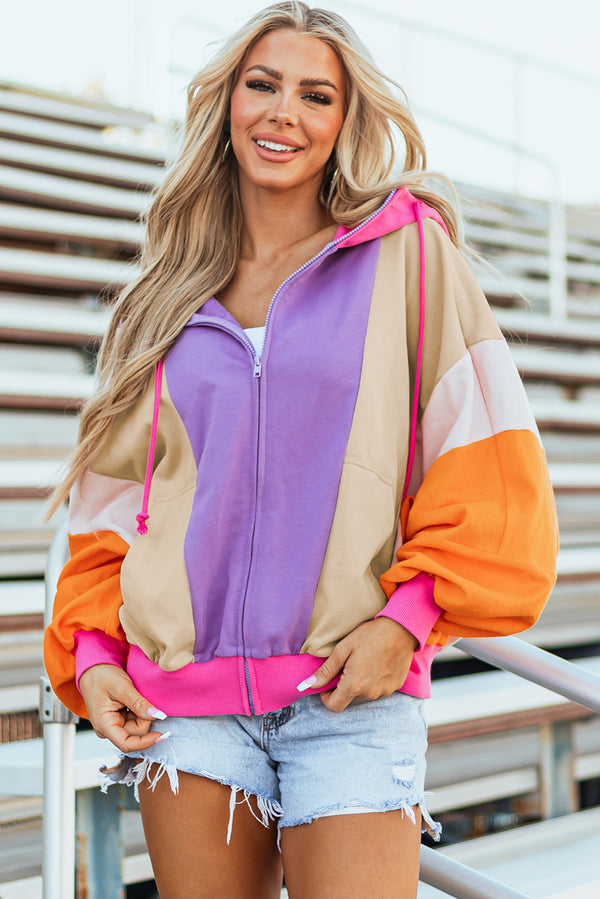 Grapefruit Orange Oversized Colorblock Patchwork Full Zipped Hoodie femme-P3014