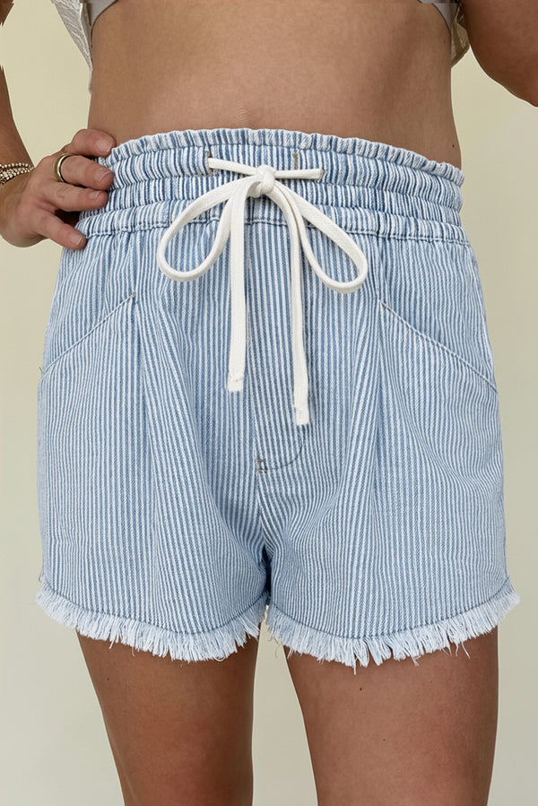 Short femme rayé, à cordon, taille élastique, casual, denim — bleu ciel