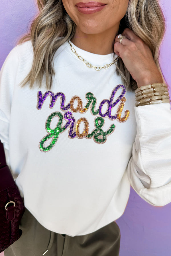 Sweat femme graphique, paillettes, épaules tombantes, col rond — blanc