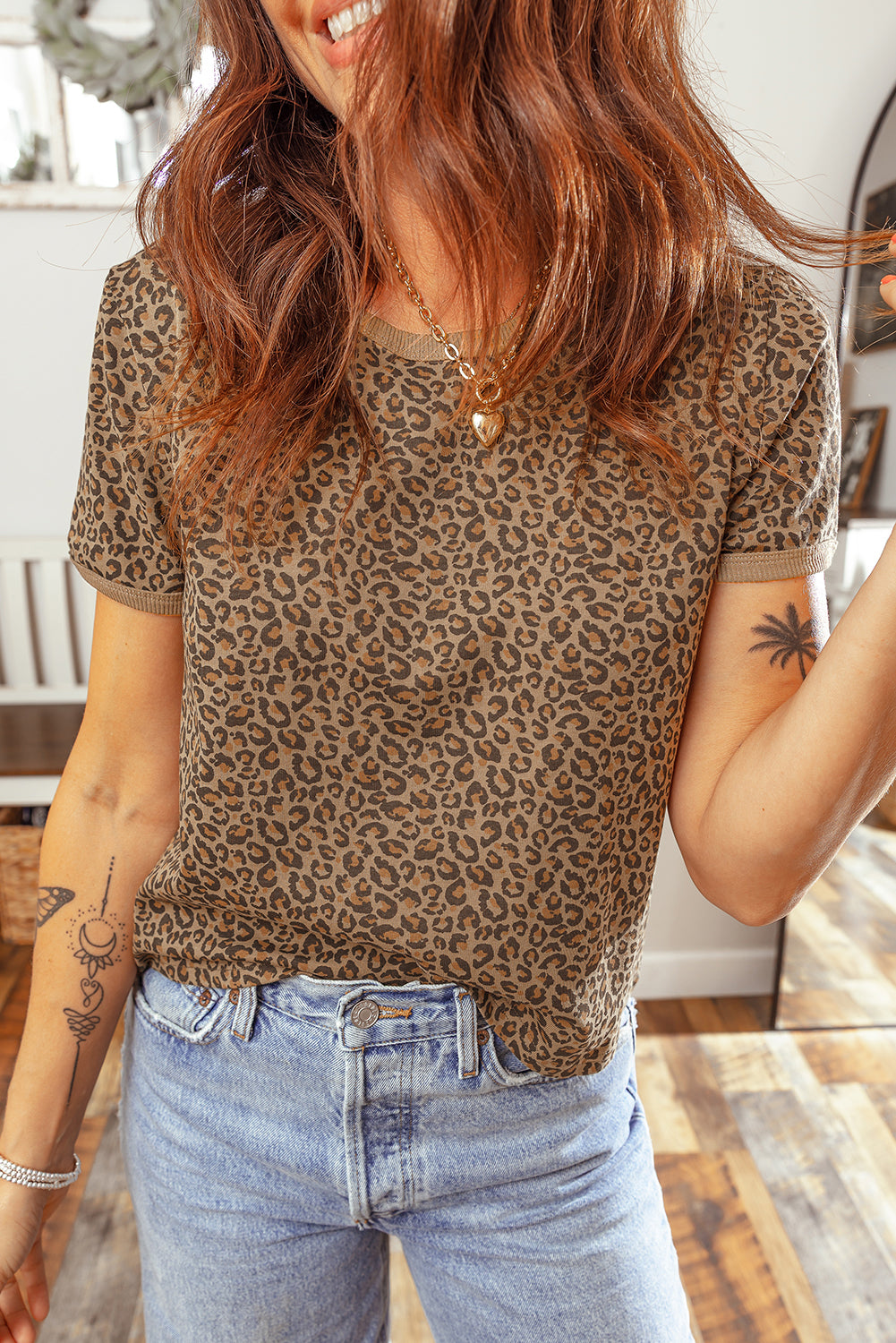 T-shirt femme léopard, col rond — kaki