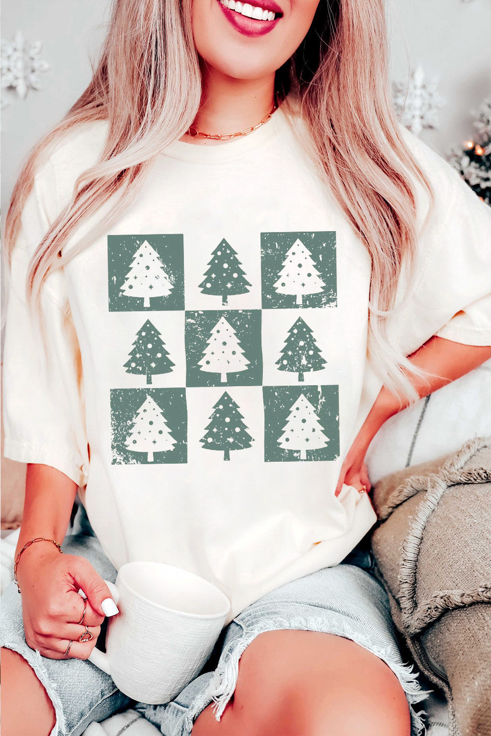 T-shirt femme graphique, à carreaux, Noël — blanc