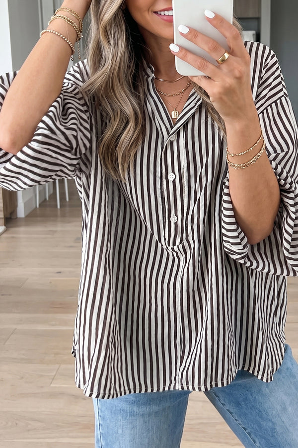 Chemise femme rayé, boutonnée, manches 3/4 — noir