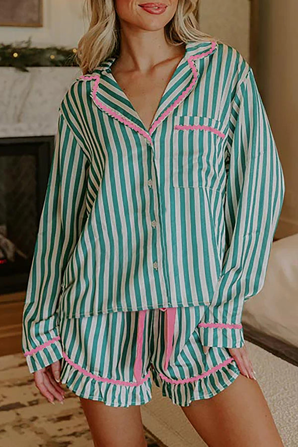 Short femme rayé, à volants, à cordon, manches longues — vert