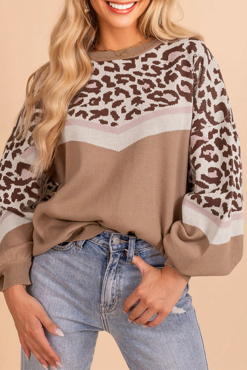Pull femme léopard, en maille, col rond, colorblock — jaune