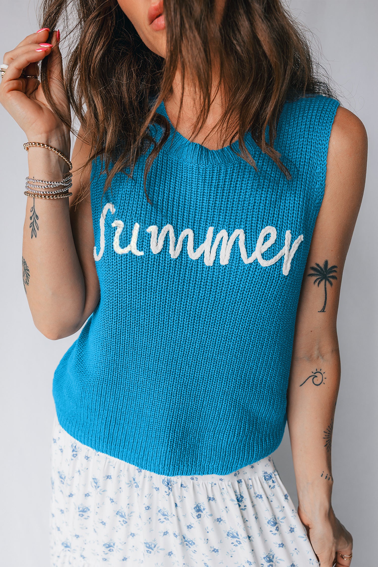Pull femme graphique, sans manches — bleu