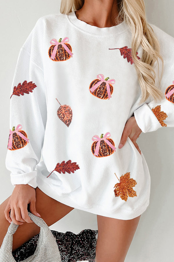 Sweat femme paillettes, oversized, côtelé — blanc