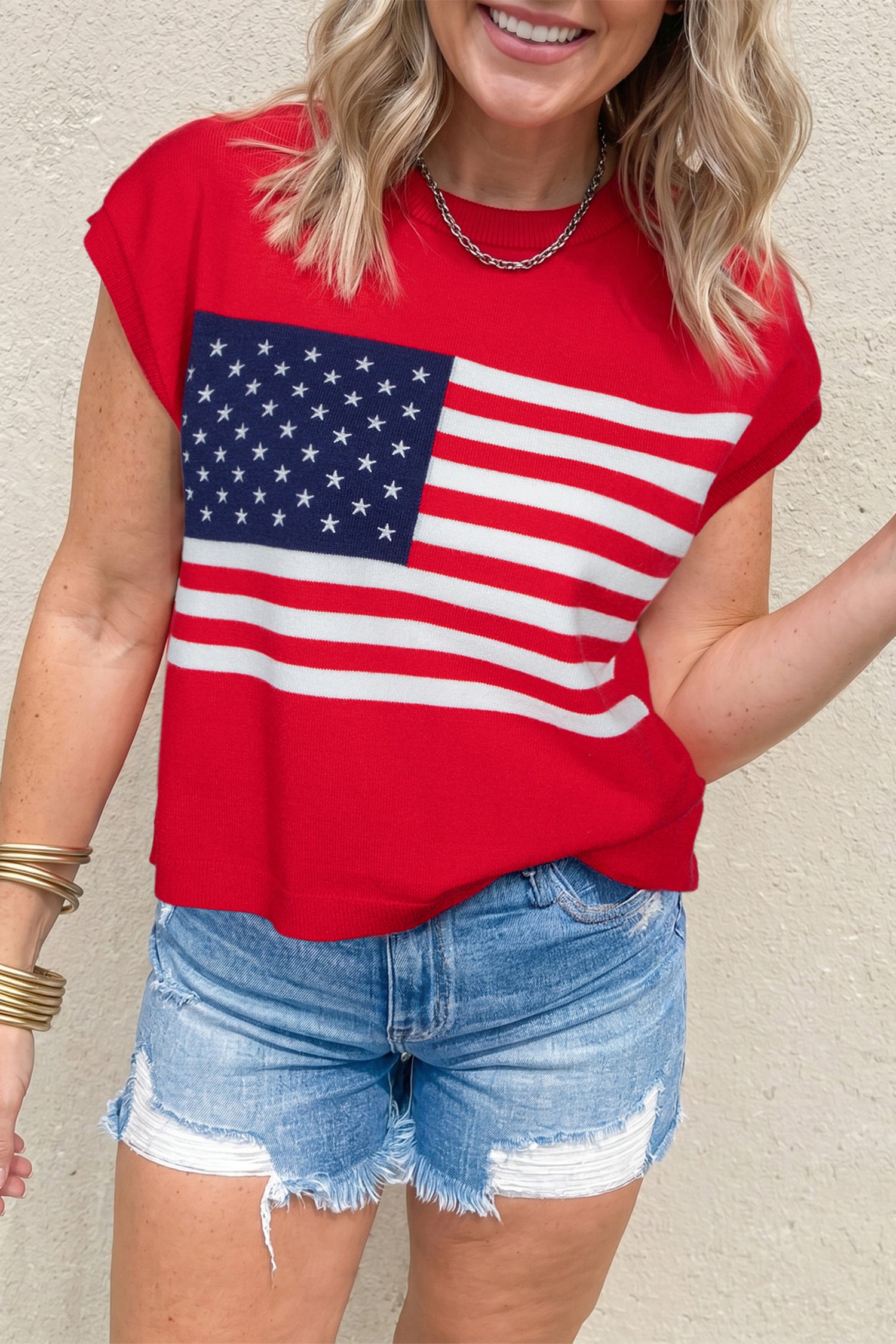 Pull femme rayé, manches courtes — rouge feu