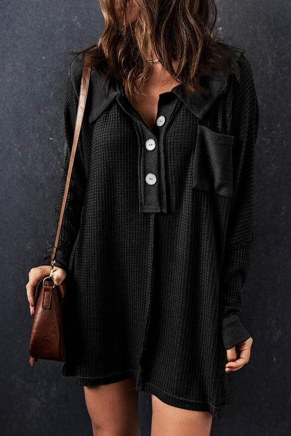 Haut femme gaufré, en maille, boutonnée, manches longues — noir