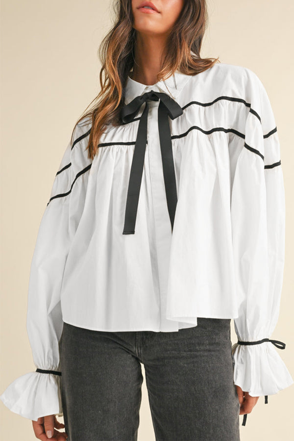 Chemise femme à volants, manches bouffantes — blanc