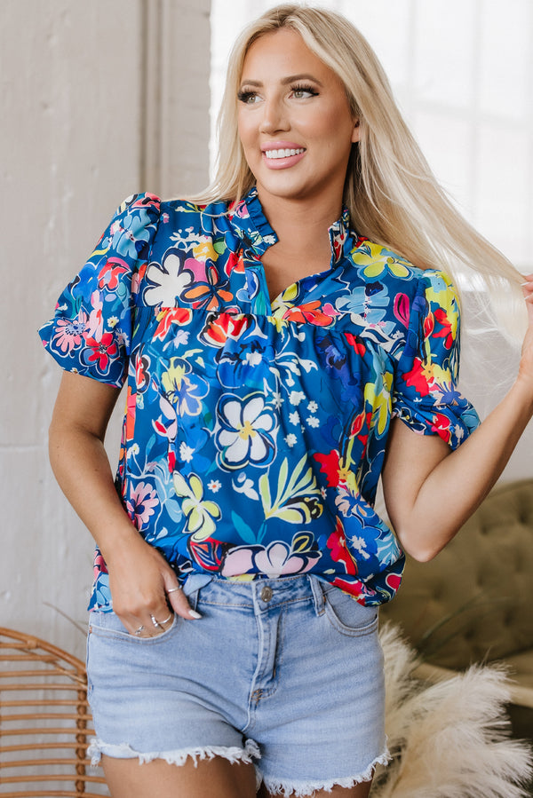 Blouse femme manches courtes, col V, ample — bleu