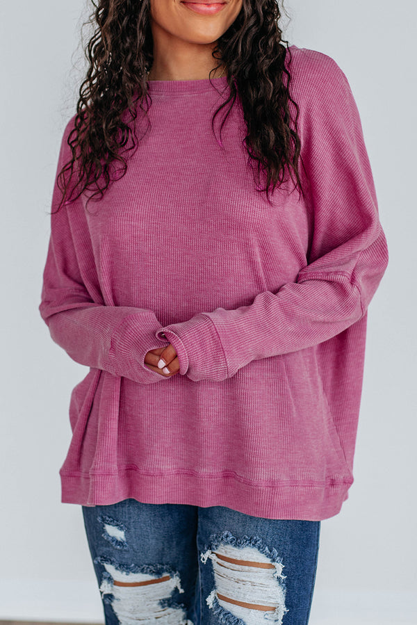 Haut femme patchwork, gaufré, en maille, manches longues, ample — rose vif