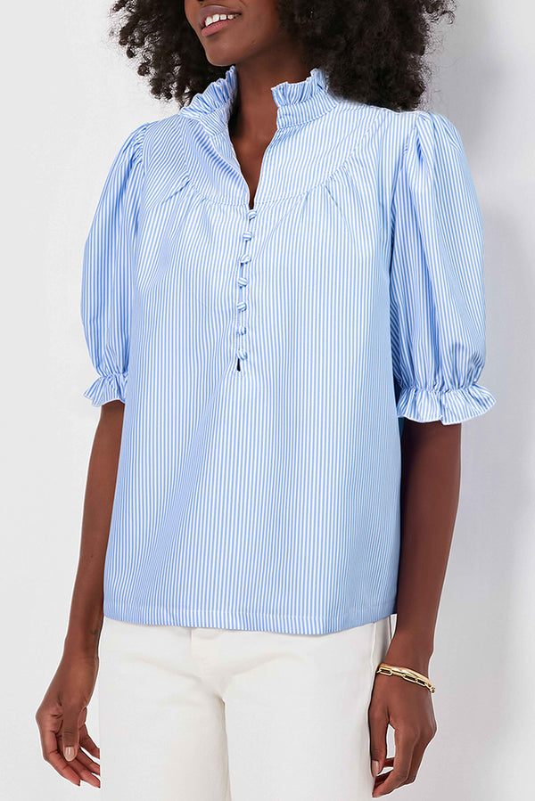 Blouse femme rayé, à volants, boutonnée, demi-boutonnage, manches bouffantes — bleu ciel