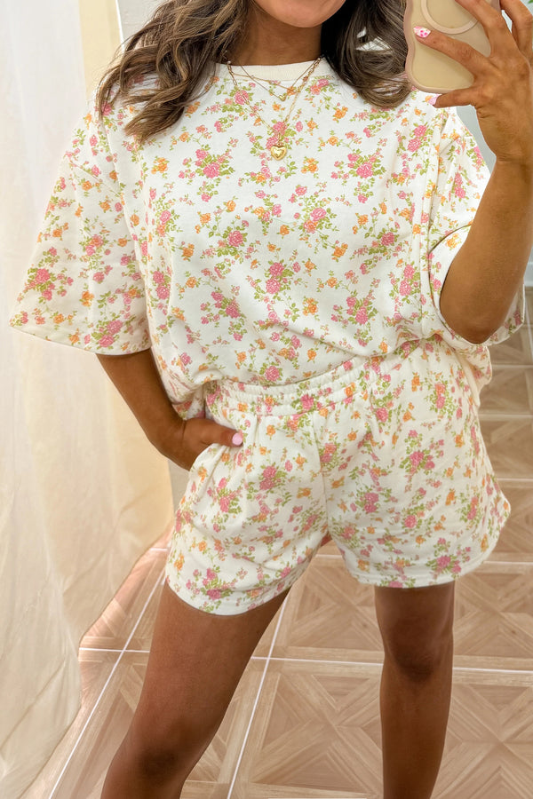 Ensemble femme floral, poches, manches courtes, taille élastique — rose