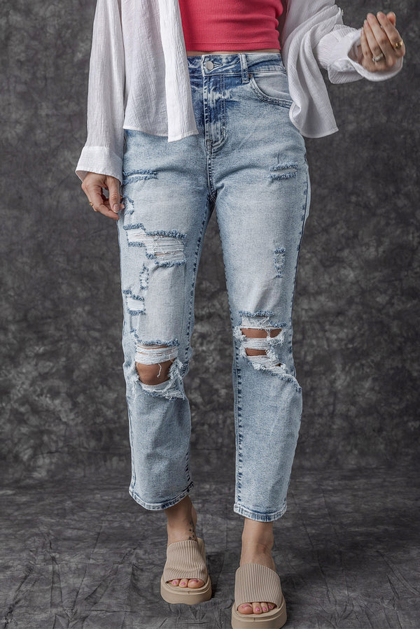 Jean femme taille haute, coupe slim — bleu ciel