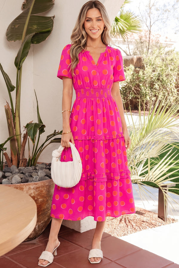 Robe midi femme pois, smocké, manches courtes, taille haute, midi
