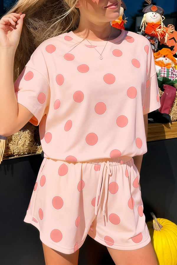 Short femme pois, à cordon, taille élastique, ample — rose